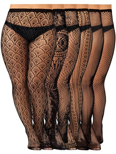 Jadive 6 Pairs Women Plus Size Fishnet Thigh High Stockings Suspender Garter Belt Lingerie Pantyhose Tights(Elegant Black,Xl-xxxxl,Exquisite)
