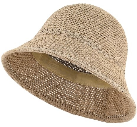 EINSKEY Chapeau cloche en crochet pour femme – Protection UV léger et pliable – Chapeau de soleil en fausse paille pour l'extérieur, la plage, les voyages, la randonnée, camel, Taille unique