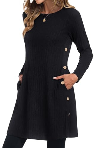 GRECERELLE Women's Winter Long Sleeve Short Jumper Dress with Pockets | Crew Neck and Side Button, Knitted Tunic Style, Ladies Autumn and Winter Mini Dresses for Casual Outings Work Weekends