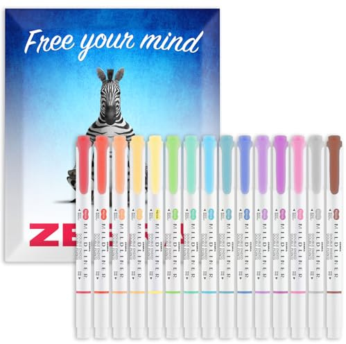 Zebra Pen Mildliner Dual Tip Highlighter Pens - Broad & Fine Tip Double Ended Markers - Pack of Colours in Envelope Gift Packaging - Acid-Free & Non Toxic Ink (15 Pack)