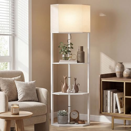 HOMCOM Corner Floor Lamp with Shelves and Lights, Modern Tall Standing Lamp with Chain Switch for Living Room, Bedroom, Bulb Not Included, White