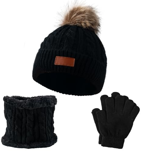 AWAVM 3 en 1 Ensemble Bonnet-Echarpe-Gants Enfant Hiver,Bonnet Enfant Hiver avec Pompon,Tricoté Tour de Chaud Gants,Ensemble d’Hiver pour Fille et Garçon 2-6Ans (Black1)