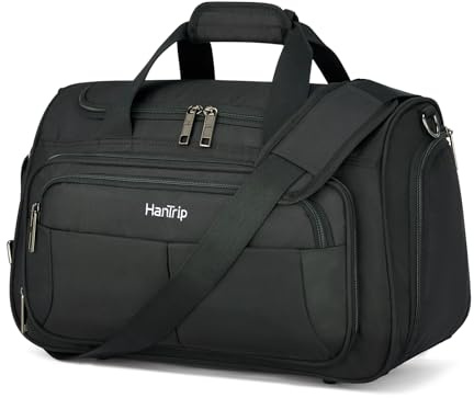 HanTrip Carry on Duffel Bag Foldable Duffle Bags for Travel, Under Seat Personal Item Bags for Airplanes, Weekender Overnight Mens Travel Tote Bag for Women Small Softside Carry on Luggage (Black)