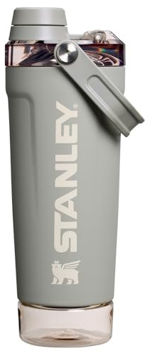 Stanley Activate Shaker Bottle 20 oz | Leakproof Insulated Stainless Steel Shaker Cup | Base Storage and Twist On Fast Flow Lid | Protein Shakes and Pre Workout Powder | BPA-Free | Sage Grey