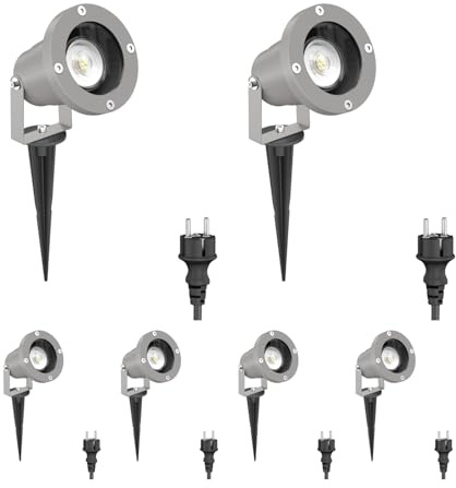 ledscom.de 6 st trädgårdsstrålkastare DUK med jordspett för utomhusbruk, IP65, stickkontakt, grå, inkl. GU10-LED 510 lm varmvitt
