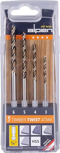ALPEN Bohrer-Kassette Timber Twist ATM 4 (4-tlg., Ø 3,00–6,00 mm, für Bohren in Holz & Holzwerkstoffen, Holzbohrer, Bohrsortiment) 0067500004100