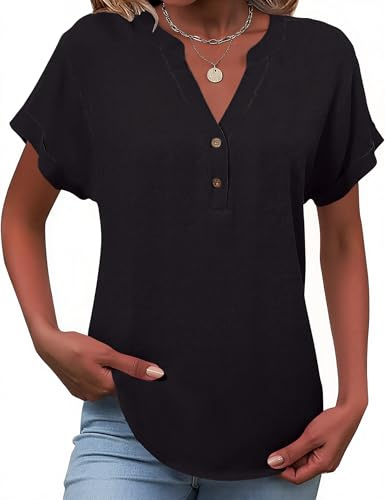 Tisfeer Linen Tops for Women Summer Short Sleeve T-Shirt Button Down V Neck Dressy Casual Loose Tunic Blouses Solid 2026 Trendy Clothes(Black,XL)