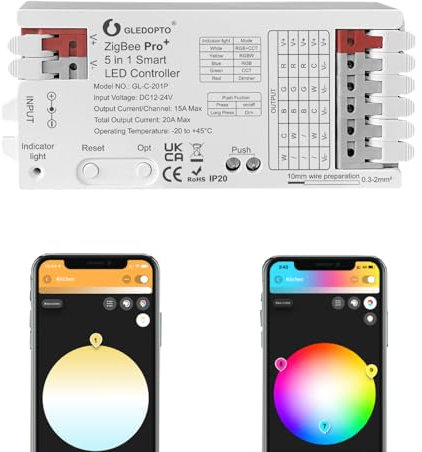 GLEDOPTO ZigBee 3.0 Pro+ 5 in 1/3 in 1 LED Controller 20A Max RGBCCT/RGBW/RGB/CCT/Dimmer Work with Alexa H*ue Tuya Smart Life APP Control (201p-5 in 1 LED Controller)