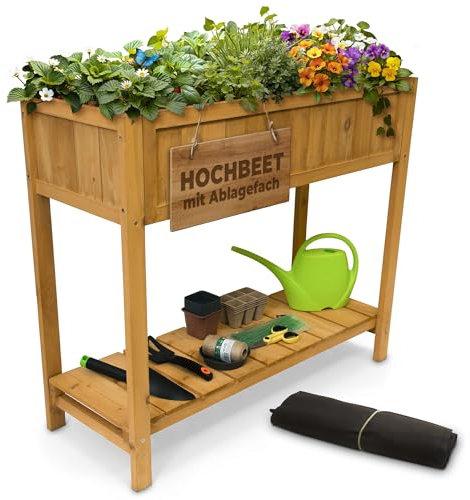 STREND PRO - Bancal alto de madera para balcón, 76 cm (alto) x 33 cm (ancho) x 89 cm (largo), con bandeja y lámina impermeable para plantas, pequeño bancal estrecho ideal para balcón, terraza y jardín