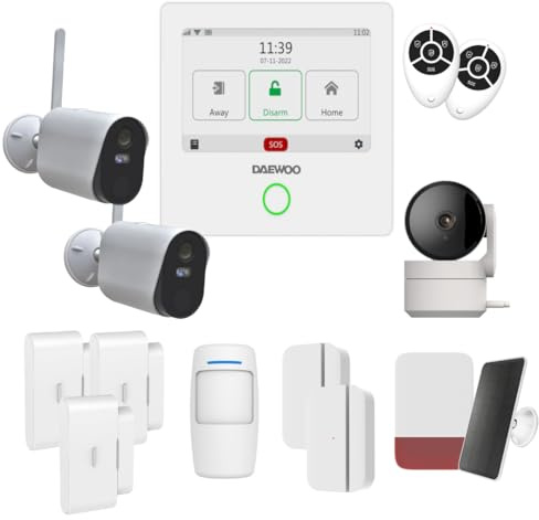 Daewoo Pack Alarme Connectée WiFi/GSM Touch 4,3 Pouces AM507 - Système sans Fil et sans Abonnement, Compatible Animaux, Détecteurs Inclus + Caméra de Surveillance Full HD, Application Mobile Incluse