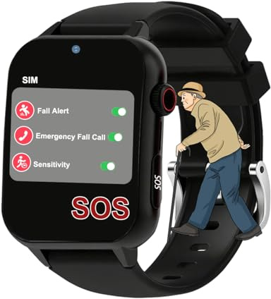 Axrrl Reloj De Pulsera para Detección De Caídas En Personas Mayores, con Botón De Alarma Y Llamada SOS En Pulsera,Negro