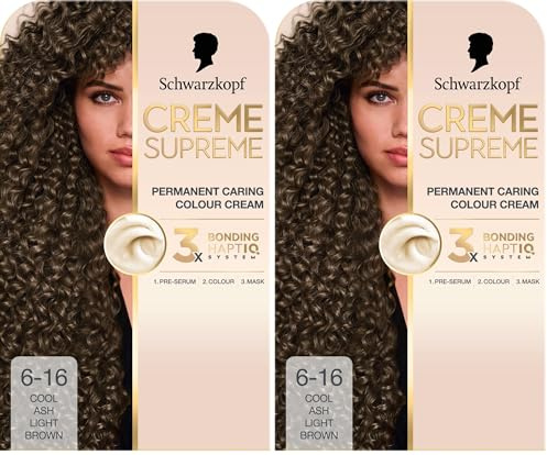 Schwarzkopf Creme Supreme 6-16 Cool Ash Light Brown, Permanent Hair Dye, Caring Hair Dye Colouration with 3-Step Bonding System Against Damage, 100% Grey Coverage (Pack of 2)