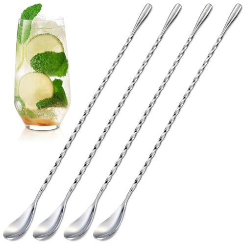 4 Pcs Bar Spoon Cocktail Mixing – 12'' Long Stainless Steel Cocktail Stirrers with Polished Surface, Great for Professional and Home Use, Practical Gift for Drink Mixing Lovers | Sugar Spoon