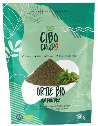 Ortica In Polvere Biologica e Cruda -150g. Foglie di Ortica Essiccate al Sole per Mantenere le Proprietà. Polvere di Ortica per Tisane e Tè. Ortica Bio e 100% Naturale Macinata Fine.