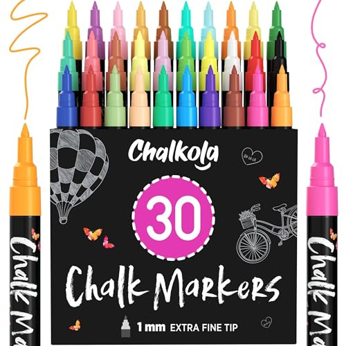 Extra Fine Tip Liquid Chalk Markers for Blackboard (30 Pack 1mm) Pastel + Neon Chalk Pens - Erasable Dry Erase Marker for Chalkboard, Blackboards, Window, Bistro, Car - Fine Tip Chalkboard Markers