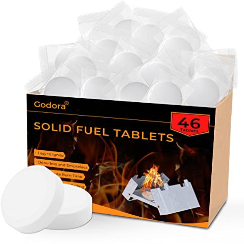 Godora Lot de 46 tablettes puissantes à Combustible Solide (1300 degrés) – S'allument Facilement et ne s'évaporent Pas – 100% étanche – Tablettes de Carburant Solides pour la randonnée,