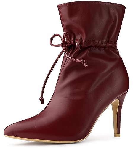 Allegra K Women's Pointed Toe Drawstring Pull on Stiletto Heel Burgundy Ankle Boots - 7.5 M US