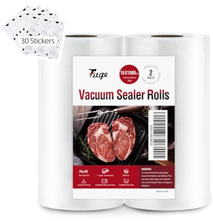 Fitge 2 Rouleaux de 15 x 1500 cm Rouleau Sous Vide Alimentaire,170µm Sac Sous Vide Alimentaire,170µm Sac Sous Vide pour la Conservation des Aliments et la Cuisson, sans BPA