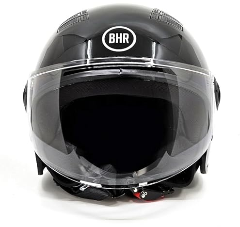 BHR Casco Moto Demi-Jet 834 FLOW - Casco Scooter Verano Homologado ECE 22.06 con 16 Puntos de Ventilación - Casco Moto Abierto con Visera Anti Rayas y Desbloqueo Micrométrico - Negro Metalizado, M