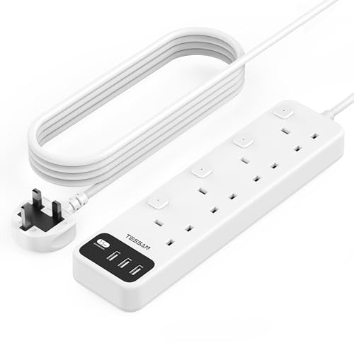 Extension Lead 5M with 3 USB Slots, TESSAN 4 Way Multi Plug Extender, Extension Cable with Switches, Multiplug Socket UK 3250W for Home Office School Supplies