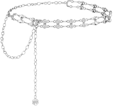 Amaxiu cinturón de cadena de diamantes de imitación, metal con flores, ajustable, cristal, banda delgada para boda, plateado, 50-100cm/19.6-39.3 inch