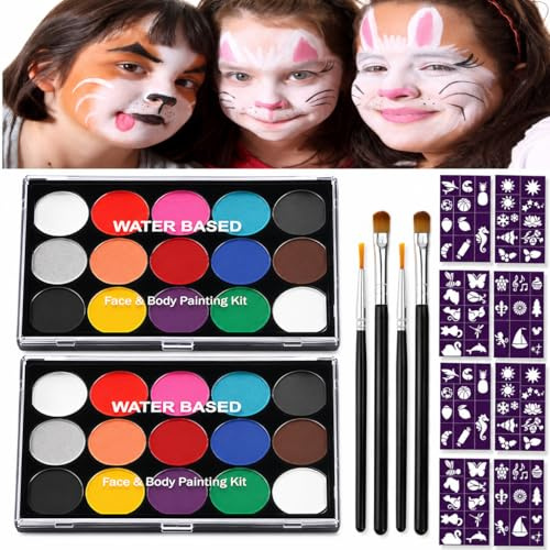 2 Stück Halloween Kinderschminke Set, Face Paint Body Paint für Kinder und Erwachsene mit 15 Farben Schminkpalette, 2 Berufs Pinsel, 40 Tattoo-Vorlagen