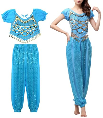 XDGBGFN Costume da danza del ventre da donna, top e lanterna, pantaloni professionali, orientali, per danza del ventre, costume di carnevale (azzurro, M)