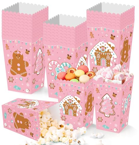 24 scatole per popcorn di Natale rosa, a forma di omino di pan di zenzero, ciotole per popcorn e popcorn, scatole per dolcetti di Natale, contenitori per biscotti e caramelle per bambini