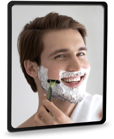 YoHumk Dimfri duschspegel (23 x 18 cm) 3 m självhäftande väggspegel med anti-dimma, dimfri dusch- och sminkspegel för rakning, okrossbar, glasfri barnsäker spegel (rektangulär svart ram)