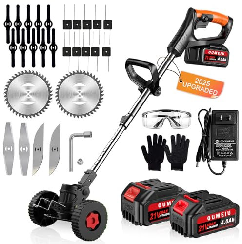 Akku Rasentrimmer mit Akku und Ladegerät, 3-in-1 Elektrischer Akku Motorsense & Rasentrimmer Rasen mit 2X 4.0Ah Akku & Metall Messer, Verstellbarer, Akku Freischneider für Rasenschneiden Garten, Hof