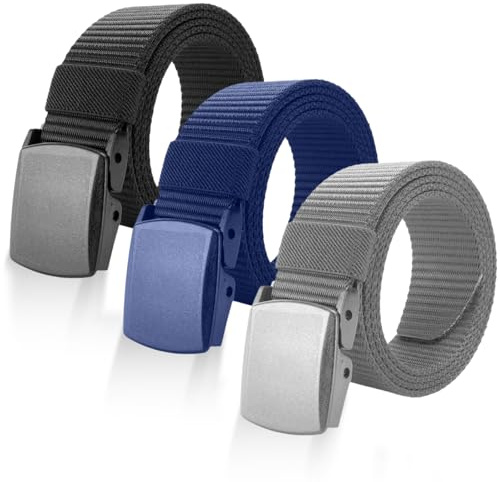 Soleeya 3 Piezas Cinturones Hombre Trabajo Tactico Cinturon de Nylon, 150cm Militar Cinturón sin Agujeros Hombre y Mujer, Elástico Cinturon con Hebilla Plástico para Viajes Deportes Diario