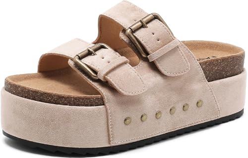 Women's Platform Sandals Cork Footbed Adjustable Double Buckle Slides | Summer Beach Comfort Mules for Indoor, Outdoor, Holiday, Travel, Casual Wear, Wide Width Available