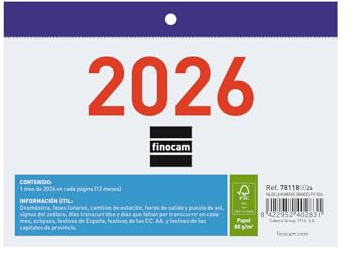 Finocam - Calendario de Pared Números Grandes 2026 Mes Vista Enero - Diciembre (12 meses) | Calendario 2026 | Planificador mensual | Faldilla 2026 - Español