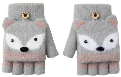 Kids Winter Warm Convertible Flip Top Gloves 4-8 Years Girls Boys Fox Fingerless Gloves with Fingers Cover Soft Fuzzy Half Finger Mittens children Winter Thermal Knitted Mittens Knitted Magic Glove