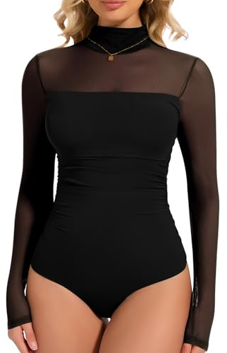 Joyshaper Women Bodysuit Turtleneck Long Sleeve Mesh Leotard Tops Sexy Elegant Mock Turtle Neck Body Suit Shirts Black,M