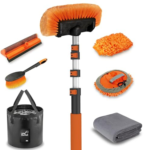 LAANPOLE 12FT Car Wash Brush with Long Handle, Car Cleaning Kit with Soft Bristle Wash Brush, Microfiber Cleaning Mop, Window Squeegee, Mitt, Wheel Brush, Bucket, Drying Towel for RV, Truck, Boat