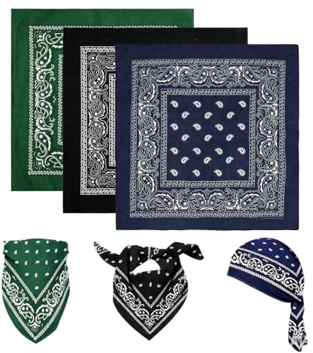 KEJOL Juego de 3 Bandanas 100% Algodón, Pañuelos Multiusos con Estampado de Cachemira, Diadema y Pañuelo para el Cuello Unisex para Hombre, Mujer y Mascotas (Verde Oscuro, Negro, Azul Marino)