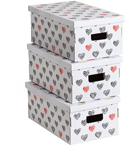 Lavatelli Set of 3 Decorative Storage Boxes with Lids, Cardboard, Hearts Design, Ideal for Clothes, Bedding, Toys, Office and Gift, Gray, 51x29x21 cm, Multi-Colour, 51 x 29 x 20 cm