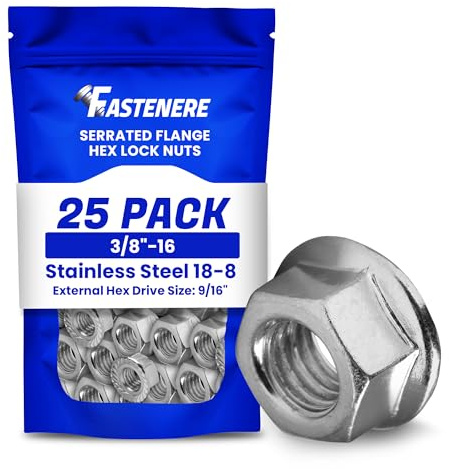 Fastenere Serrated Flange Nuts – 3/8-16 (25-Pack), Durable Stainless Steel 18-8 Hex Lock Hardware Nuts, Corrosion-Resistant, Coarse Plain Finish for Home, Automotive & Industrial Use