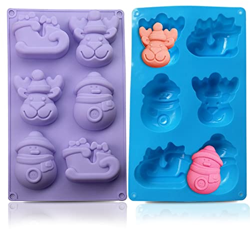 HONGECB Weihnachten Silikon Formen, Weihnachten Seifenform, DIY Backformen Werkzeuge, Schneemann/Rentier/Schlitten, für Süßigkeiten, Pralinen, Gelee, Seife, 2 Stück, Blau, Violett