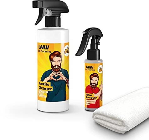 LAAV Kit Nettoyant pour Tissus (3 Pièces) I Détachant Tissu, Canapé, Tapis STAIN REMOVER (100 ml) I Nettoyant de Tissu, Canapé, Tapis TEXTILE CLEANER (500 ml) I Chiffon de Nettoyage en Microfibre