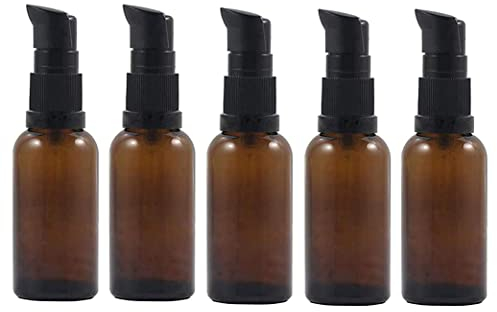 6Pcs 30ml/1oz Amber Glass Pump Bottle Empty Refillable Lotion Pump Dispenser Travel Bottles Toiletries Container Cosmetic Storage Vials for Liquid Essential Oil