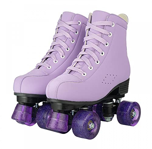 XUDREZ Rollschuhe für Damen und Mädchen, klassischer zweireihiger Rollschuh mit blinkendem Rad, hoher Schaft aus PU-Leder, Rollschuhe für drinnen und draußen, für Anfänger (lila blinkendes Rad, Größe