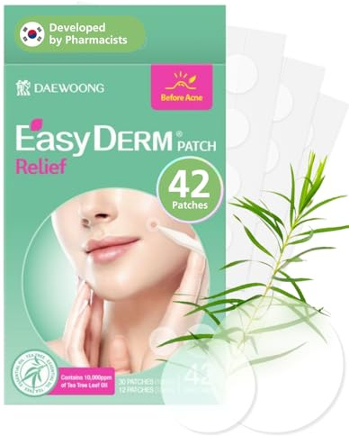 EasyDerm Relief Invisible Patch(42 counts) I Contains 10,000ppm of Tea Tree Oil, Pimple Patch, Ultra-slim 0.1mm, Waterpoof, Korean Pimple Patches Back to School MUST HAVE