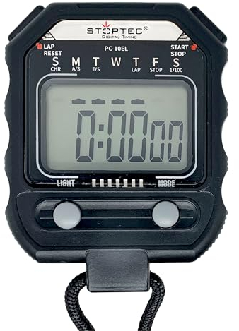 Stoptec Stoppuhr PC-10 EL | Digital | Einzeiliges Display | Uhrzeit & Datum | Alarm | Zwischenzeitmessung | Druckpunktmechanik | LED-Beleuchtung | Spritzwasserfest