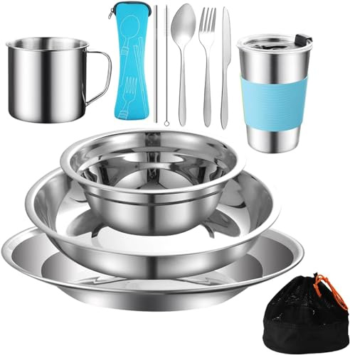 Set di posate da campeggio per esterni, in acciaio inox, per 1-2 persone, set completo di stoviglie 12 in 1, con tasca in rete per campeggio, zaino, escursionismo