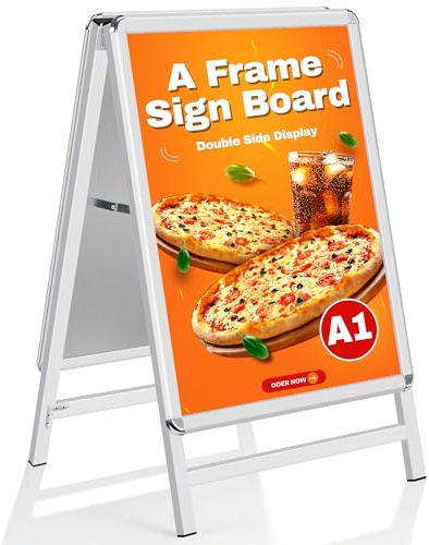 WIIGO Cornice Pubblicitario A1 in Alluminio Antiribaltamento - Supporto per Poster Doppia Faccia da Esterno, Cornice A-Board Poster Stand per Ristorante/Negozi, Espositore da Terra, Argento
