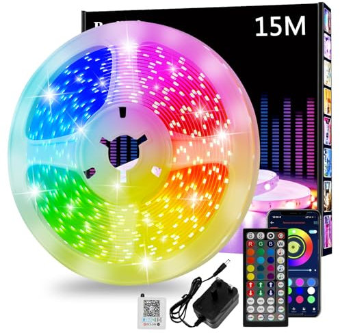 Led Strip Light 15m, Cuttable RGB Led Lights with Smart App Control Remote, Music Sync Colour Changing for Bedroom, Gaming Room, Kitchen, Home Decoration