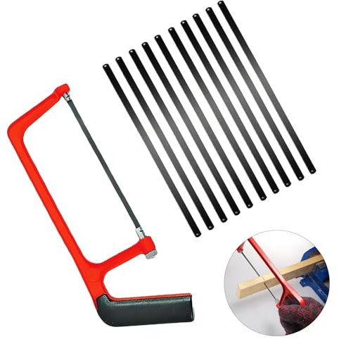 Red Adjustable Junior Hacksaw with 10 Blades, Heavy Duty Metal Saw for Cutting PVC, Wood, and Shingles, Mini Hand Saw for Precise Cuts, Ideal for DIY Projects, Hacksaw for Metal Cutting