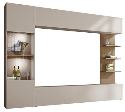 Mirjan24 Wohnwand Lazando, Anbauwand, Mediawand, Schrankwand bestehend aus Hängeschrank, Vitrine, TV-Lowboard und Wandregal (Cashmere/Cremona Eiche, mit weißer LED Beleuchtung)